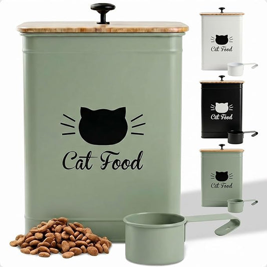 Cat Food Storage Container with Scoop - 5-7lb (25 Cup) Capacity Metal Cat Kibble Canister with Airtight Bamboo Lid and Metal Scoop - Airtight Pet Food Storage Containers 5 lb - 7 lb Kibble Container