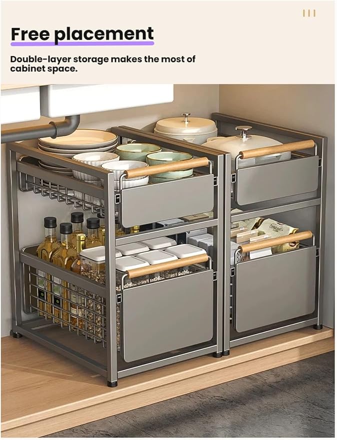 Pull Out Shelf Kitchen Storage Drawer- Slide Out Drawers for Kitchen Cabinets No Drill Shelves(Black,40x23x39 cm)