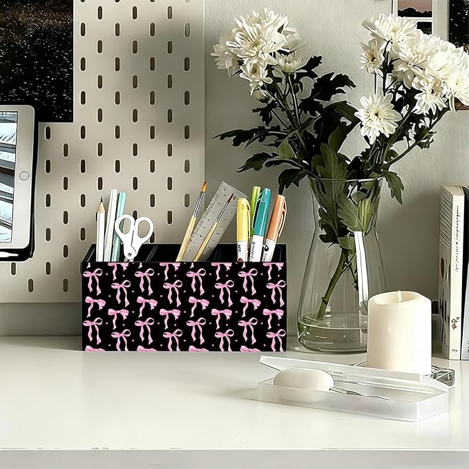 Pink and Black Bow Pen Pencil Holder for Desk,Pink and Black Room Decor, Preppy Purple Bow Aesthetic Wooden Box Sign Decorations for Girly Room Bedroom Dorm Office Desk Tabletop
