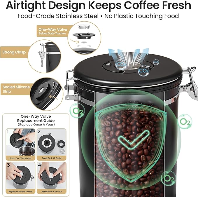 Veken Coffee Canister, 39OZ Large Christmas Coffee Lovers Gift Basket Set,Airtight Stainless Steel Food Storage Kitchen Container Gifts for 2.2lbs Beans, Ground, Sugar, Tea, Flour, Cereal, Scoop,Black