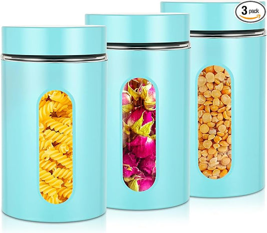 Mimorou 3 Pcs Stainless Steel Canister Set with Glass Windows Visible Storage Jars Silver Kitchen Canister Set for Pasta Flour Oat Sugar Container, Kitchen Tools, Housewarming Gifts(Turquoise,32 oz)
