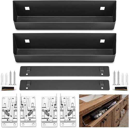 Zonon 2 Set 11 Inch Tip Out Tray for Front Sink Drawer with Hinges and Mounting Plate Includes Screws and No-Drill Adhesive, Metal Pull Out Storage Organizer for Kitchen Bathroom Cabinet