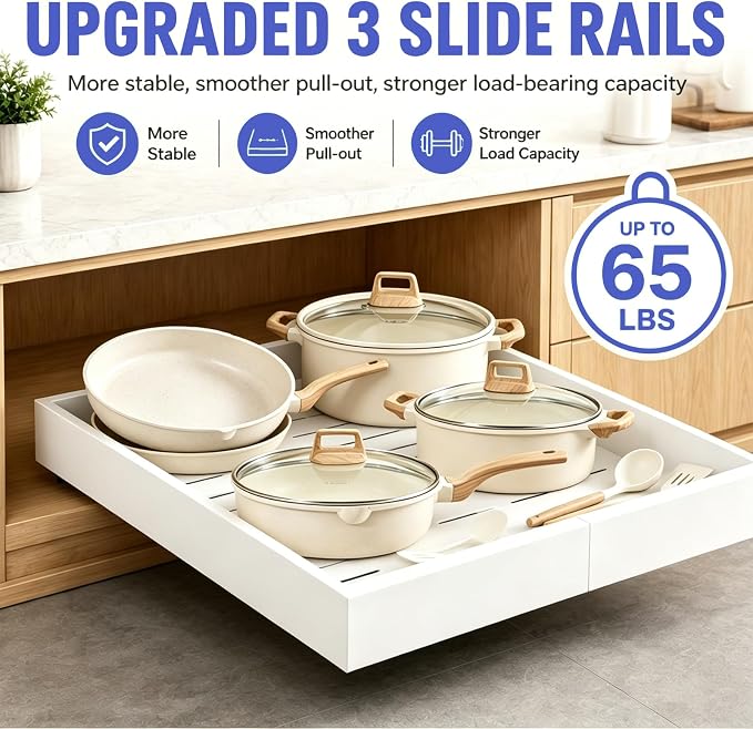 Expandable Pull Out Cabinet Organizer, No-Drill Pull Out Drawers, Roll-Out Shelf with Adhesive Pad & 3 Slide Rails for Framed Cabinets, Kitchen Pantry, 21" Deep, 12.2"-20.4", White, 4 Pack