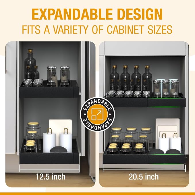 Expandable Pull Out Drawers for Cabinets(Black) : Kitchen and Pantry Organizer, Sliding Cabinet Organizer with Adhesive, Under Sink and Pots Storage, Depth 16.5". expandable pull out cabinet organizer