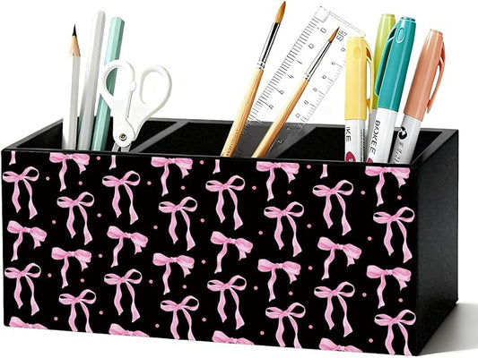 Pink and Black Bow Pen Pencil Holder for Desk,Pink and Black Room Decor, Preppy Purple Bow Aesthetic Wooden Box Sign Decorations for Girly Room Bedroom Dorm Office Desk Tabletop