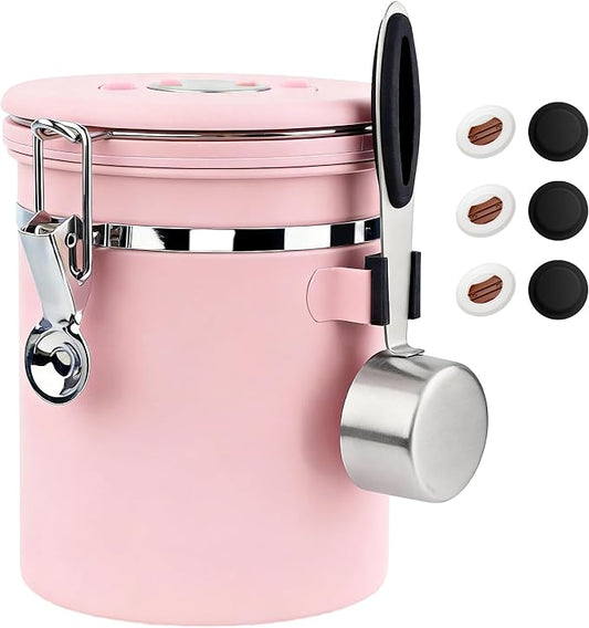 ShanSon Coffee Canister Airtight, Stainless Steel Bean Storage Container with Date Tracker & Scoop, Grounds Sugar Flour Tea Cereal Fits Kitchen Pantry, Ideal Gift for Coffee Lovers,16oz, Pink