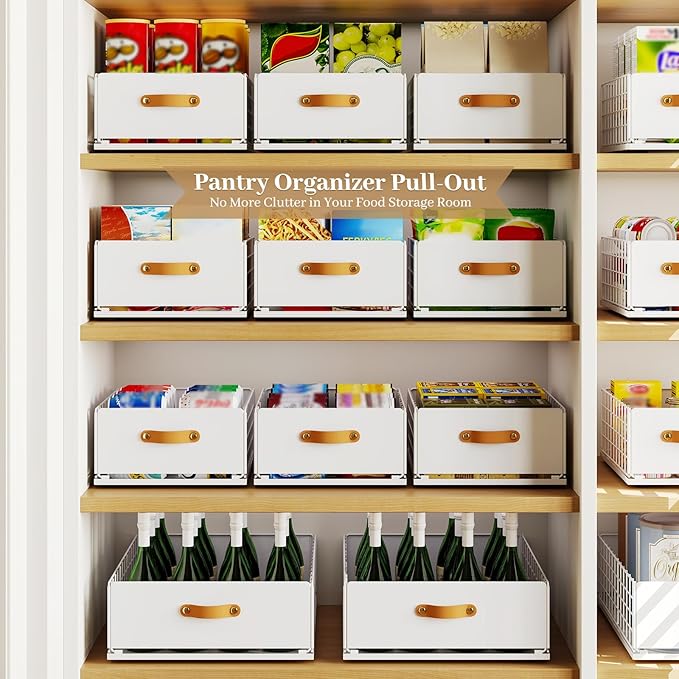 Pull Out Cabinet Organizer, No-Drill Pantry Drawers, Slide Out Shelves with Bamboo Risers for Lipped Cabinets,Ideal for Kitchen, Bathroom & Under Sink Storage (White, 11.8" Wide-15.7" Deep)