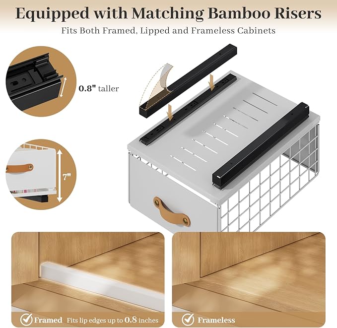 Pull Out Cabinet Organizer, No-Drill Pantry Drawers, Slide Out Shelves with Bamboo Risers for Lipped Cabinets,Ideal for Kitchen, Bathroom & Under Sink Storage (White, 11.8" Wide-15.7" Deep)