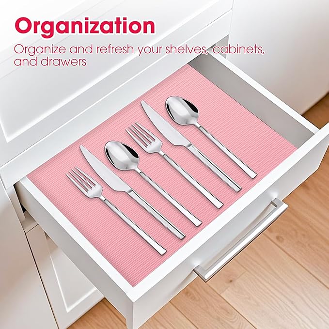 Drawer and Shelf Liner, Non-Slip Kitchen Cabinet Liners Non-Adhesive Thick Strong Grip Waterproof Washable Mats Protect Dresser Shelves Cupboard Bathroom Cabinets, Pink, 18 in X 20 FT