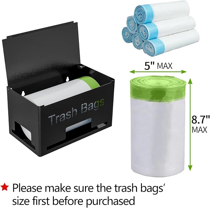 STWWO Trash Bag Holder, Metal Trash Bag Dispenser Roll Holder, Kitchen Trash Bag Organizer for Cabinet, Countertop, Wall Mounted or Freestanding, Black