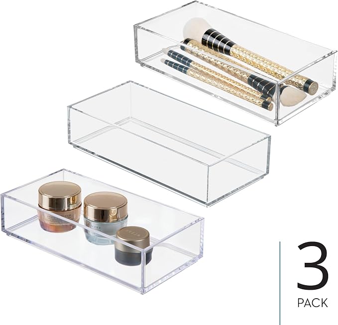 iDesign Stackable Makeup Drawer Organizer - Vanity Organizer or Desk Organizer, Set of 3, Clear