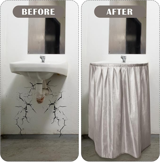 Fabric Sink Skirt Diamond Bathroom Stitch Self Stick Adhesive Waterproof Fabric Under Sink Curtain Skirt 55 x 32 Inch Adds Bathroom Storage(Silver Gray,Classic Style)
