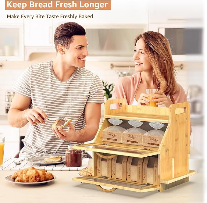 BAMBANG Extra Large Bread Box, Double Layer Bread Box for Homemade Bread, Bamboo Wooden Bread Storage Container with Tool Holder & Handles & Window, Assembly Required(14.9" x 11" x 15.3") Natural