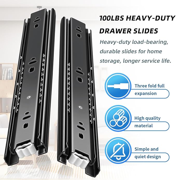 Drawer Slides 1 Pair Full Extension 10 12 14 16 18 20 22 24 inch Side Mount Rails Dresser Cabinet Bracket Replacement Ball Bearing Tracks Guide Metal Runner 100 LB (Basic-1 Pair, 24 Inch)