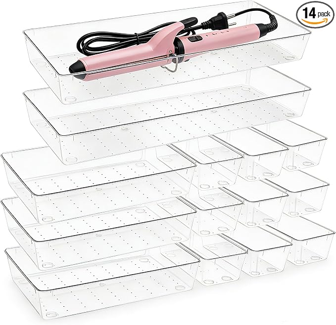 14 Pcs Clear Plastic Drawer Organizer Tray with 2 Pcs 15"x6" Extra Large Trays, Multi-Purpose Storage Bins for Vanity, Makeup, Kitchen Utensils, Bathroom, Office Desk, Auto Tools & Craft Supplies