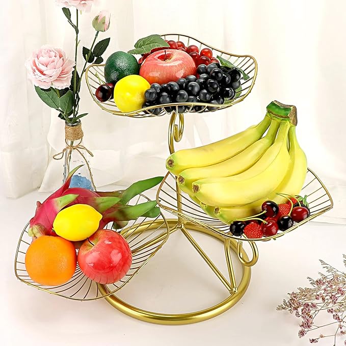 OwnMy 3-Tier Fruit Basket Stand Decorative Iron Fruit Bowl, Metal Wire Fruit Holder Storage Trays Table Countertop Holder for Vegetables Bread Snack, Modern Fruit Bowls for Kitchen Home Use