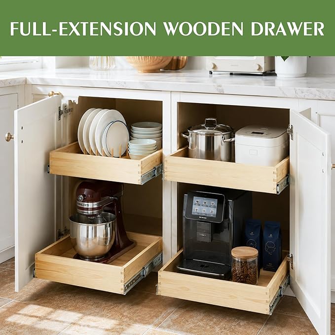 Wooden Pull Out Cabinet Organizer for Kitchen Fully Assembled 21" W x 21" D x 3" H Solid Wood Drawer with Soft Close Slides Bottom or Side Mount for Pantry Bathroom Bedroom Dining Room Storage