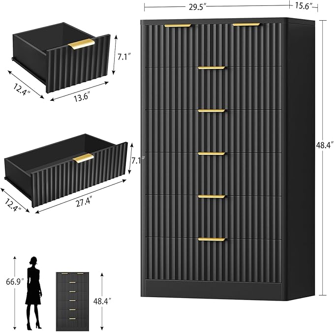 TEENOFN Fluted Dresser for Bedroom with 7 Drawers, 48" Tall Modern Chest of Drawers with Metal Handle, Wooden Dresser TV Stand, Wood Closet Clothes Storage Organizer for Living Room, Hallway, Black