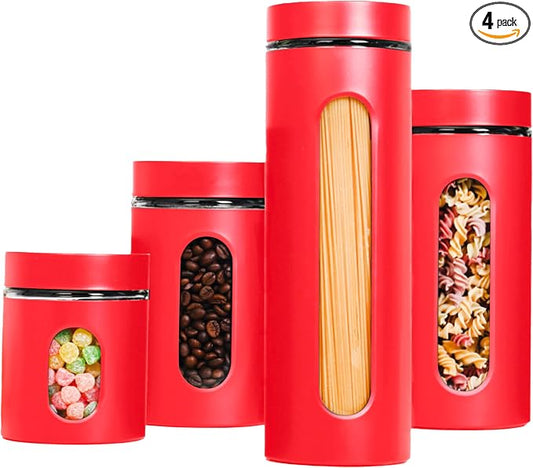JS Gourmet 4 Pcs Stainless Steel Canisters Set for Kitchen with Glass Window and Airtight Lid, Perfect for Storing Coffee, Spaghetti, Sugar, Beans and Dry Ingredients (Red)