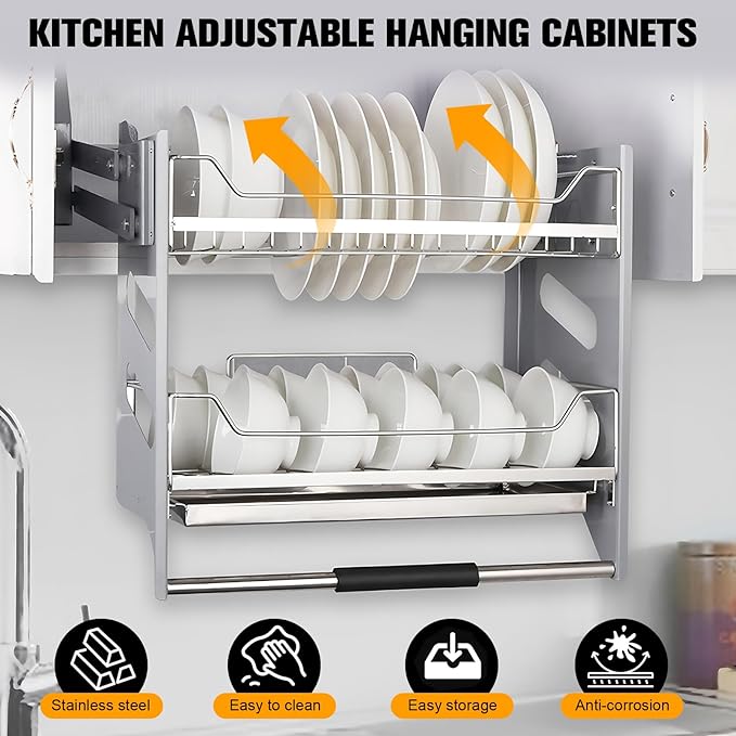 2-Tier Pull-down Storage Lift Cabinet Wall Cupboard Lifting Basket 304 Stainless Steel 22-34 Inch Width for Snacks Bowls Plate (600)
