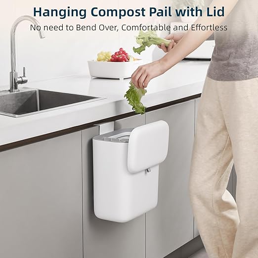 MUEE Compost Bin Kitchen for Counter Top or Under Sink, Hanging Small Trash Can with Lid [1.3 Gal/5L], Food Waste Bin, Mountable Garbage Can for Cupboard/Bathroom/Bedroom/Office/RV, Matte White