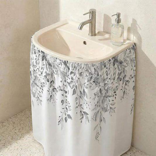 Grey Eucalyptus Sink Skirt for Bathroom, Self Stick Adhesive Waterproof Fabric, Watercolor Plant Leaves with Flora Under Sink Curtain Skirt, Pedestal Sink Accessories Decor
