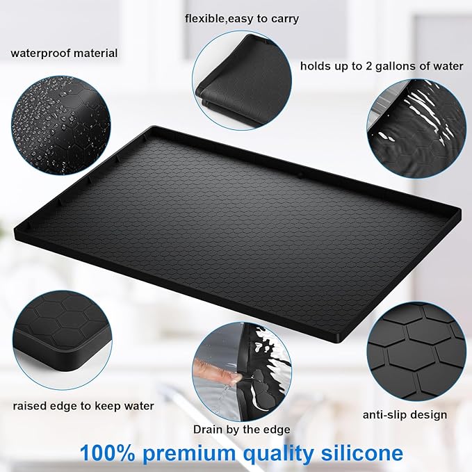 Under Sink Mats for Kitchen Waterproof - 22" x 19" Waterproof Kitchen Cabinet Mat - Flexible Silicone Under Sink Liner - Bathroom Cabinet Mat and Protector for Drips Leaks Spills (Black)