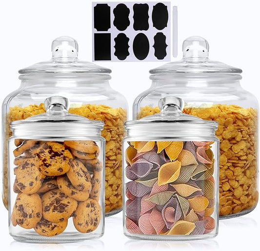 Salzesfalls Glass Storage Containers,Clear Glass Jar with Lid, for Pantry - Flour, Coffee bean, Cookies, Pasta, Candy, Set of 4