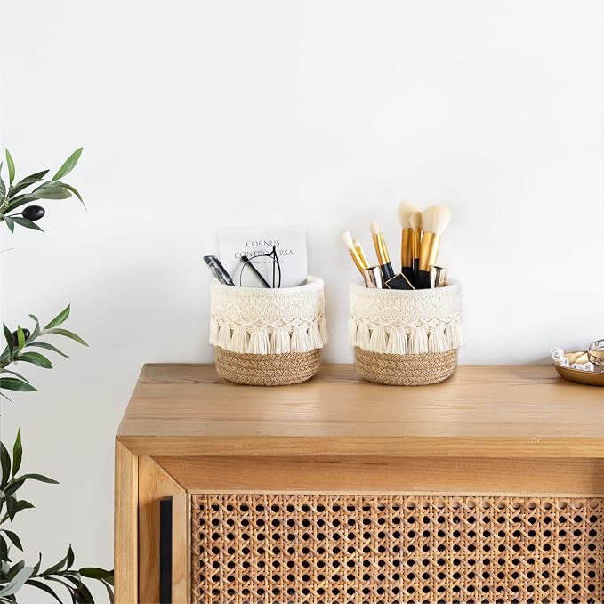 Mkono Macrame Makeup Brush Holder Organizer Comb Brushes Mini Storage Basket Set of 2 Boho Decor Baskets for Pen Pencil Box Container,Yellow and White