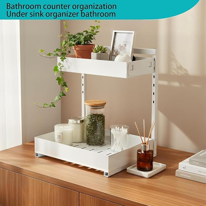 Under Sink Organizer, 2 Pack 2 Tier Metal Under Cabinet Storage with Height-adjustable Shelf and Pull out Rack for Pantry Vanity Cupboard Counter Countertop Bathroom Kitchen