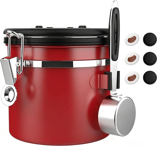 ShanSon Coffee Canister Airtight, Stainless Steel Bean Storage Container with Date Tracker & Scoop, Grounds Sugar Flour Tea Cereal Fits Kitchen Pantry, Ideal Gift for Coffee Lovers,12oz,Red