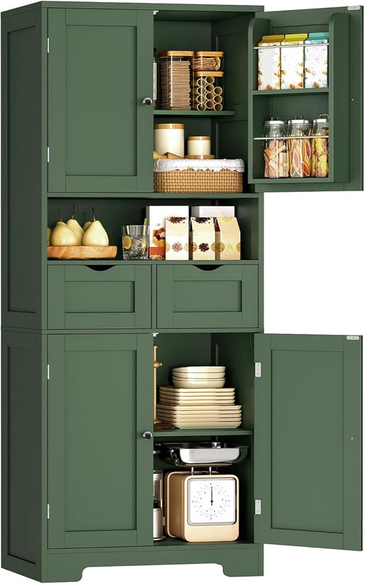 TEENFON Kitchen Pantry Cabinet with Adjustable Shelf, Tall Storage Cabinet with 2 Drawers & 4 Door Shelves, Food Pantry Cabinets, for Kitchen, Dining Room, Living Room, Green