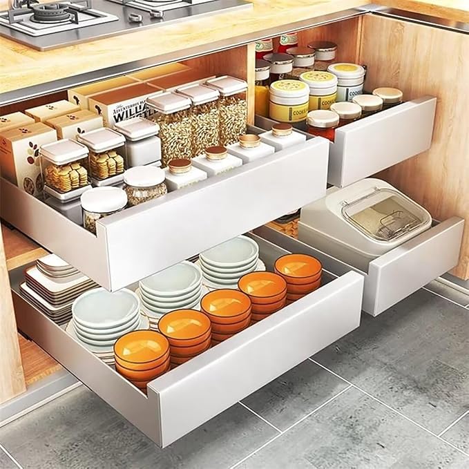 Pull Out Cabinet Slide Out Kitchen Storage Shelf No Drill Pullout Drawers Kitchen Cupboard Space Saving Pull Out Shelves for Home Living Room & Pantry，White 25cm