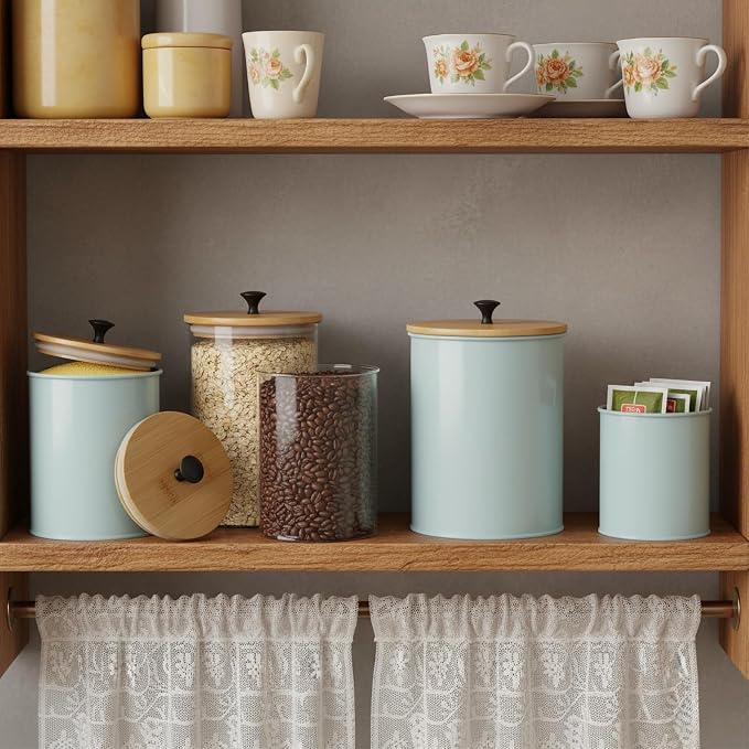 Canisters Sets for the Kitchen Set of 4 Kitchen Canisters for Countertop Airtight Black Flour and Sugar Containers with Bamboo Lids Labels and Marker for Pantry and Coffee Bar Decor