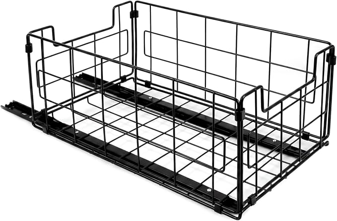 Pull Out Cabinet Sliding Basket Organizer, Heavy Duty Slide Out Drawer for Kitchen Cabinet, No Drill Adhesive Sliding Shelves for Kitchen Bathroom Home, 13.8" D x 8.5" W x 6.3" H, Black