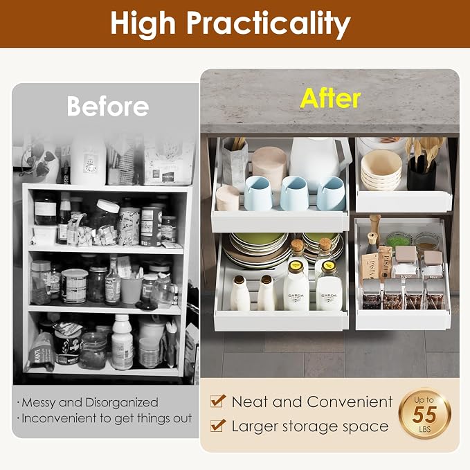 2 Pack Expandable Pull Out Cabinet Organizer 16.5" Deep, Adjustable Width 12.6"-20.5", No Drill Adhesive with Triple Track Rails, Heavy Duty Slide Out Drawers for Kitchen,Pantry,Cabinets,White