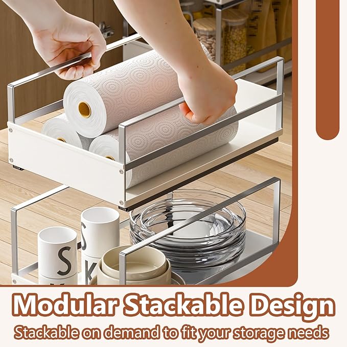 Pull Out Cabinet Organizer with Adhesive Nano Film, Heavy Duty Slide Out Pantry Shelves Drawer Storage, Under Sink Organizers for Bathroom, Kitchen (White,Stackable-11”W x 16.54”Dx 12.6”H)