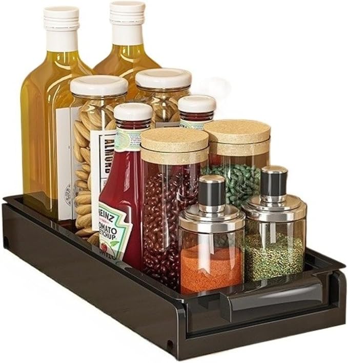 Pull Out Spice Rack for Upper Cabinet - Expandable Organizer with Smooth Ball Bearing Slides, No Drill Mounting Spice Storage for Kitchen (black)