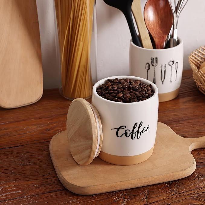 LEETOYI Ceramic Food Storage Containers with Lid,Modern Farmhouse Kitchen Decor, Countertop Food Storage Caddy Organizer, 33oz (Labeled Coffee)