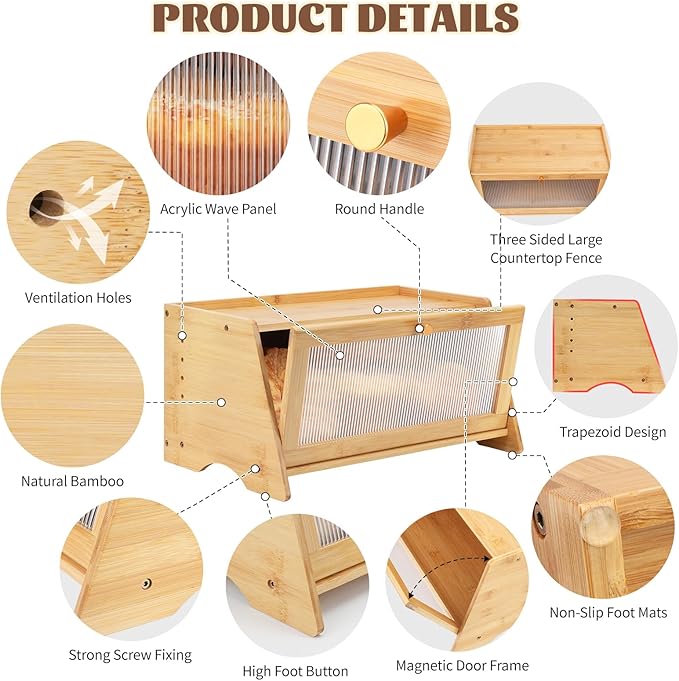 Bamboo Breadbox for Kitchen Countertop, Farmhouse Large Capacity Bread Container Storage Bin with Striped Window Door Panel, Vintage Bread Holder for Bagels, Muffins, Cupcakes & Cookies (Natural)