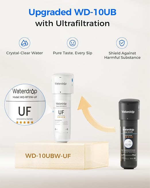 Waterdrop 10UBW-UF 0.01 μm Ultra Filtration Under Sink Water Filter System, Reduces Lead, Chlorine, Bad Taste & Odor, 1 Year, with Dedicated Brushed Nickel Faucet