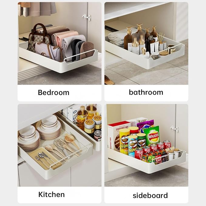 Pull Out Cabinet No Drill No Screw Sliding Storage Solution for Kitchen & Bathroom Cabinets White 43x40x7cm Space Saving Drawer，White 43 * 40 * 7cm