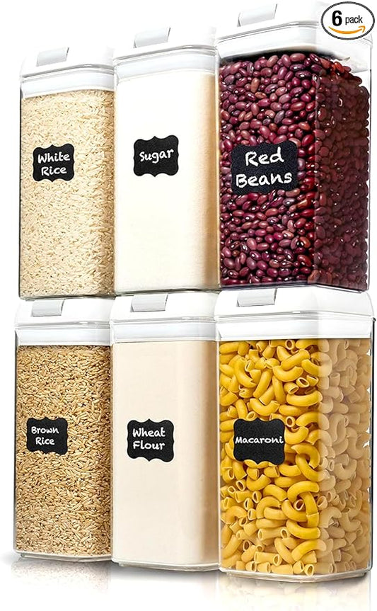 Shazo Airtight Food Storage Containers with Lids - 6 PC BPA Free Clear Plastic Cereal Containers with Easy Lock Lids for Kitchen and Pantry Organization for Snacks and Pasta - 1.2 L
