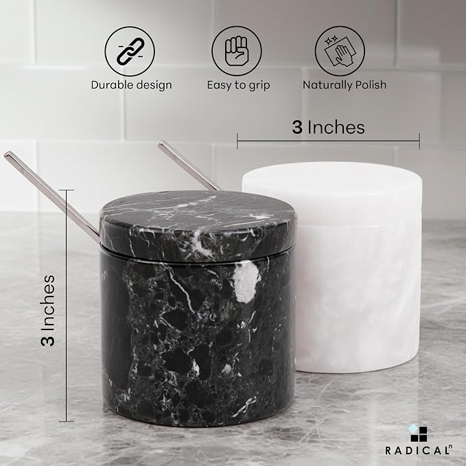 Radicaln Marble Salt Cellar with Lid and Tray 3" Inch Black & White Handmade Salt Dish For Kitchen Countertop, Ideal Set of 2 Seasoning Jars & Table Salt Container For Table