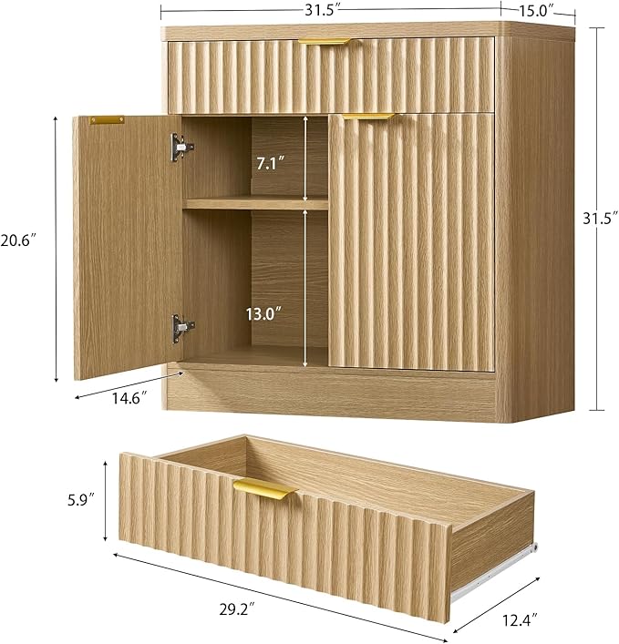 TEENFON 31.5" W Storage Cabinet with Drawer and Adjustable Shelf, Coffee Bar Cabinet, Fluted Sideboard Buffet Cabinet with 2 Doors for Living Room, Kitchen, Entryway, Natural