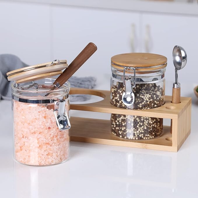 KKC Airtight Coffee Canister Set of 2 with Scoops & Bamboo Lids | 27oz Glass Coffee Jar for Ground Coffee & Beans | Clear Storage Container for Kitchen & Coffee Bar Accessories, Keeps Coffee Fresh