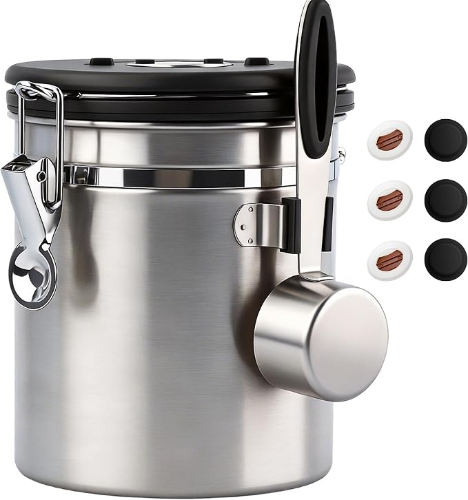 ShanSon Coffee Canister Airtight, Stainless Steel Bean Storage Container with Date Tracker & Scoop, Grounds Sugar Flour Tea Cereal Fits Kitchen Pantry, Ideal Gift for Coffee Lovers,16oz,Silver