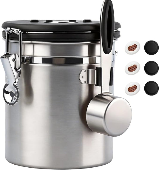 ShanSon Coffee Canister Airtight, Stainless Steel Bean Storage Container with Date Tracker & Scoop, Grounds Sugar Flour Tea Cereal Fits Kitchen Pantry, Ideal Gift for Coffee Lovers,16oz,Silver