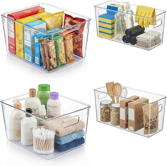 MOONEDGE Set of 4 Clear Plastic Organizer Bins, 2 Large & 2 Small Storage Bins for Pantry, Nestable Space-Saving Containers for Cabinets, Under-Sink, Bathroom, Kitchen & Freezer Organization
