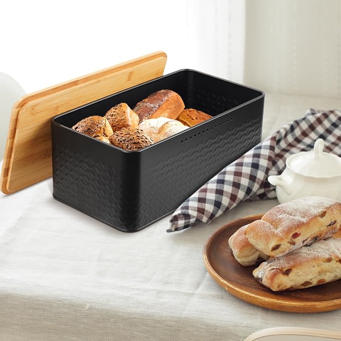 Hossejoy Metal Bread Box with Bamboo Cutting Board Lid, Bread Storage Container for Kitchen Countertop, Modern Bread Bin Holder Breadbox, Kitchen Decor Organizer (Black)